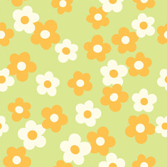 Groovy flower power seamless pattern. Retro, hippie vector floral all over surface print. Nostalgic 60s and 70s retro background.