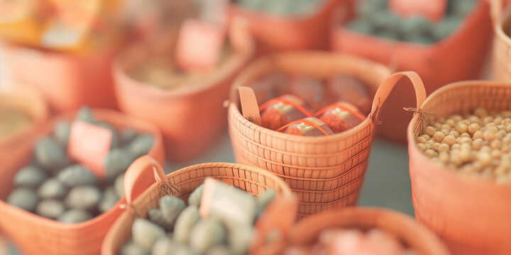 many baskets filled with different types of food
 