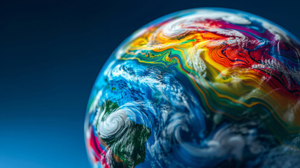 Artistic view of Earth with vibrant, swirling colors representing diverse climates and topography against a dark blue background.