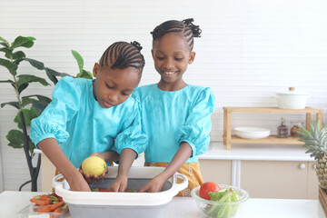 Twin sister kid girl with curly hair braid African hairstyle washing and cleaning fresh vegetables...