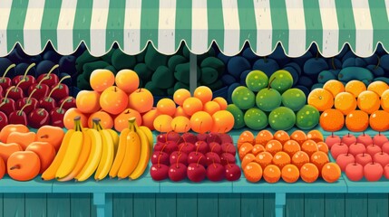 A vibrant, simple illustration of a fruit stand at a farmer's market, with an array of colorful fruits like apples, bananas, and oranges.  - Powered by Adobe