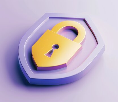 3D Gold Padlock Inside Purple Shield