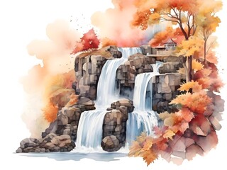Autumn Waterfall Landscape Nature Watercolor Art