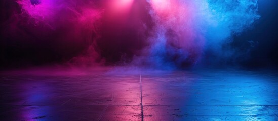 Dark stage shows, blue, and purple background, an empty dark scene, laser beams, neon