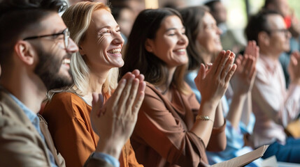 Obraz premium team of coworkers clapping hands for success of presentation Support, group of people applauding together in business meeting.