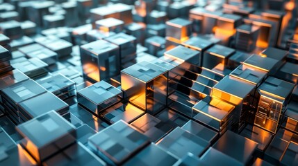 Stylized data blocks resembling building blocks in a digital cityscape.