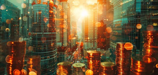 downtown city and rows of coins, financial hub, focus on, vivid tones, Double exposure silhouette with currency symbols