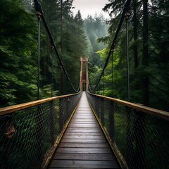 Suspension bridge in the forest with fog and mist, New Zealand