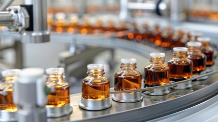 State-of-the-art perfume factory with automated conveyor line for cosmetic oil production