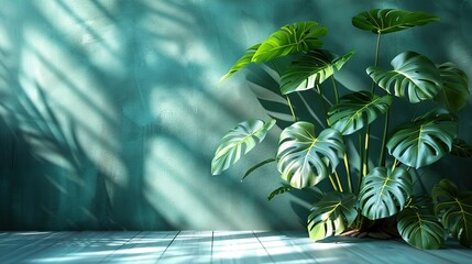   A potted plant perched atop a wooden floor, casting a shadow against the wall behind it