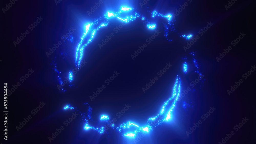 Poster Blue swirling circle frame of multicolored lines of  energy particles. Abstract background
