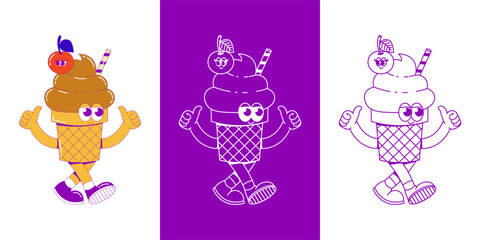 Funky walking character ice cream in waffle cup with cherry and stick with face, feet and hand. Cute character dessert mascot in groovy style. Vector surrealism illustration for logo, product branding