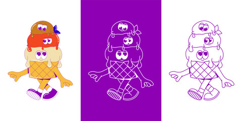 Funky walking ice cream. Three scoops of ice cream in waffle cup with cute faces, feet and hands. Cute character dessert mascot in groovy style. Vector surrealism illustration for logo, branding