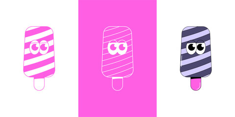 Trendy psychedelic sticker ice cream. Striped ice cream on stick with funky face. Cute character dessert mascot in groovy style. Vector illustration for logo, product branding