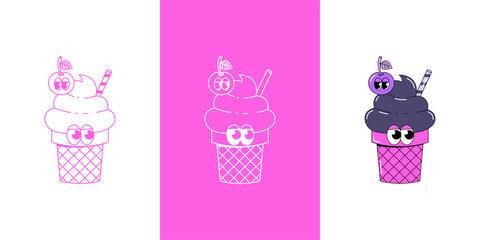 Trendy psychedelic sticker ice cream. Ice cream in waffle cup with cherry and stick with funky faces. Cute character dessert mascot in groovy style. Vector illustration for logo, product branding