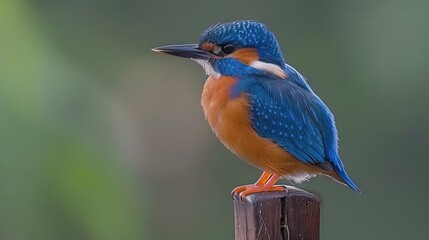   Blue-orange bird perched on wooden post, green background blurred