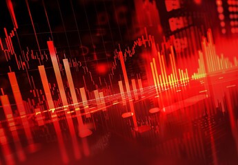 Graphics of financial markets with a red background.