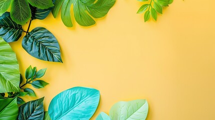   Green leaves on yellow background with space for text on left