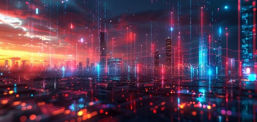 Fototapeta premium cityscape at dusk with business charts, illuminated buildings, close up, vibrant palette, Double exposure silhouette with market analysis