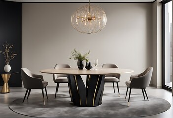  Dining room in light ivory colors. Beige and taupe with black details. Golden accent table. Minimalistic room with texture plaster microcement walls. Menu template or mockup invitation. 3d rendering 