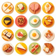 Sixteen colorful food icons with frosted glass texture and glowing outlines arranged in a 4x4 grid on a pure white background. Clean and bright flat design ideal for app icons or user interface.