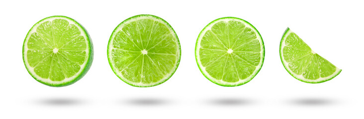 Flying lime sliced circle collection isolated on white background. Clipping path.