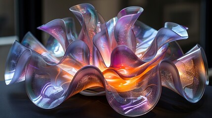   A glass sculpture sits on the table beside a glass vase with a blooming flower atop