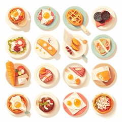 Sixteen colorful food icons with frosted glass texture and glowing outlines arranged in a 4x4 grid on a pure white background. Clean and bright flat design ideal for app icons or user interface.