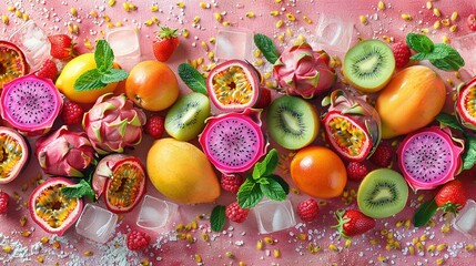   A pile of fruit is stacked on top of each other on top of a pink table with water droplets...