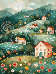 A painting featuring houses perched on a hill with a colorful ferris wheel in the background