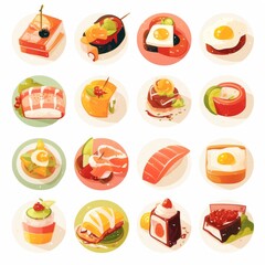 Sixteen colorful food icons with frosted glass texture and glowing outlines arranged in a 4x4 grid on a pure white background. Clean and bright flat design ideal for app icons or user interface.