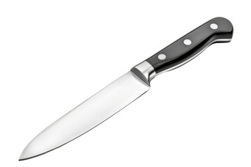 Sharp kitchen knife with a black handle and stainless steel blade isolated on a white background