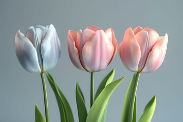 Naklejka premium Three pink and white tulips arranged in a clear vase on a table