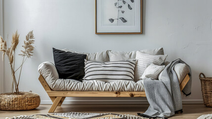 Scandinavian minimalist living room composition with a modern sofa and minimal decor.