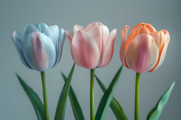 Three tulips of different colors displayed in a clear vase on a table