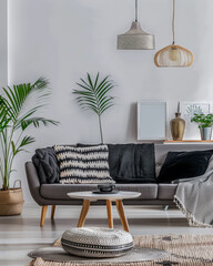 Scandinavian minimalist living room composition with a modern sofa and minimal decor.