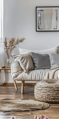 Scandinavian minimalist living room composition with a modern sofa and minimal decor.