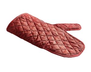 Red quilted oven mitt isolated on white background. Heat-resistant kitchen glove for safe cooking and baking.