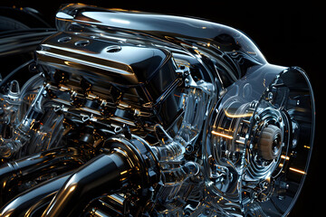 Fototapeta premium Detailed close-up view of a motorcycle engine, showcasing intricate parts and mechanisms, against a black backdrop