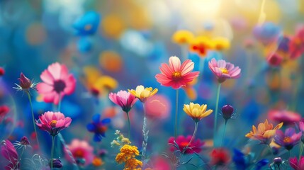 Obraz premium blooming flower meadow, vibrant wildflowers, springtime setting, focus on, vivid colors, Double exposure silhouette with blossoms