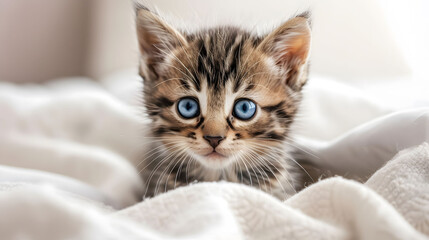 Obraz premium A tiny kitten with striking blue eyes sits on a clean white blanket