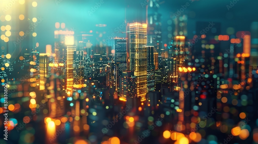 Poster a futuristic skyline with towering buildings hinting at the potential for blockchain to revolutioniz