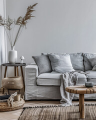 Scandinavian minimalist living room composition with a modern sofa and minimal decor.