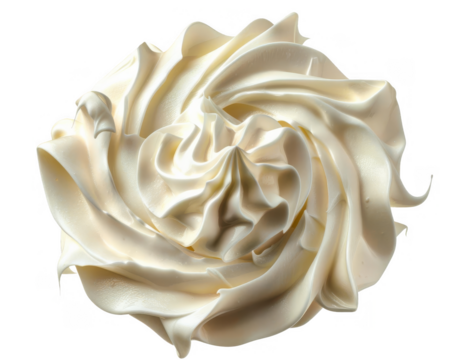 Close-up of a beautifully swirled dollop of white whipped cream, isolated on a white background.