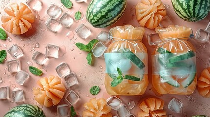   Oranges, watermelon, and ice cubes sit atop a pink surface, surrounded by ice cubes