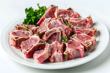A plate filled with raw meat, accompanied by fresh parsley leaves on the side