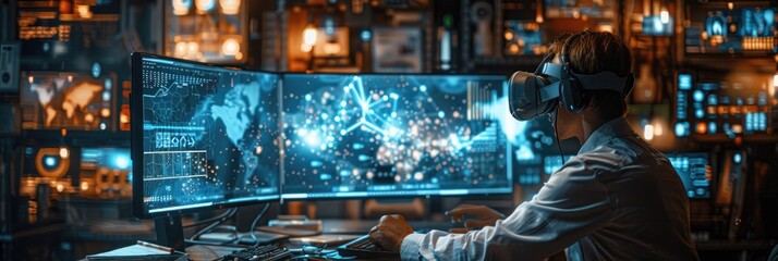A professional using VR technology and multiple screens for data analysis in a high-tech office environment.