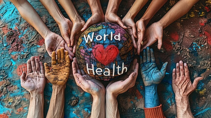 A vibrant and engaging digital poster for World Health Day featuring a diverse group of people from different ages and ethnic backgrounds united in a symbolic circle of hands around the globe. 