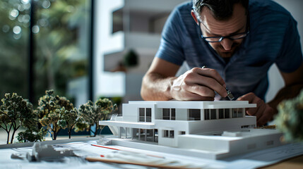 A man is diligently working on a detailed model of a house, focusing on intricate design and construction