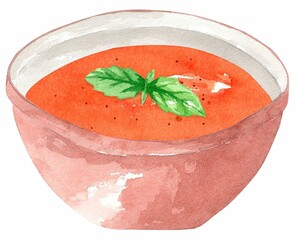 Tomato puree soup with basil in a red plate. Hand drawn watercolor illustration isolated on white background. Template for design.